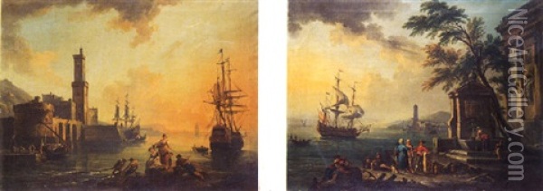 Pecheurs Et Courtisanes Dans Un Port Mediterraneen Au Soleil Couchant Oil Painting - Jean Baptiste Lallemand