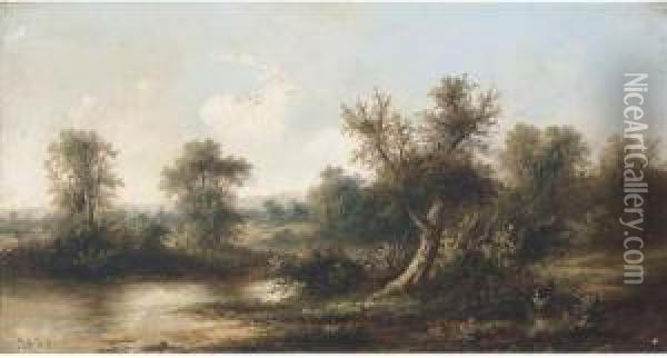 A River Landscape; And Another Similar Oil Painting - John Henry Boel