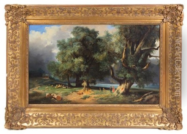 Untitled (landscape With Figures) Oil Painting - M. de Lezay-Marnesia de Nettancourt