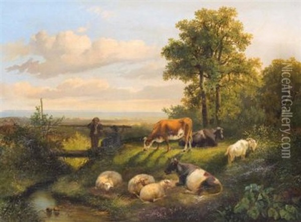Landschaft Mit Weidendem Vieh Und Hutejungen Am Bach Oil Painting - Dirk Van Lokhorst
