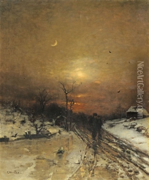 Moonlit Winter Landscape Oil Painting - Ludwig Munthe