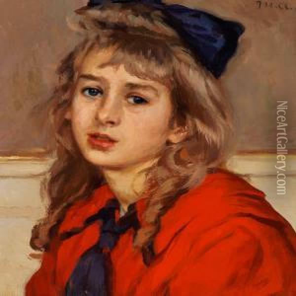 Girl In A Red Dress Oil Painting - Michael Ancher