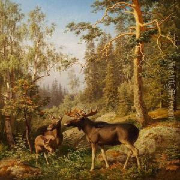 Elks. A Battue Near Eskilstuna, Sweden Oil Painting - Carl Henrik Bogh