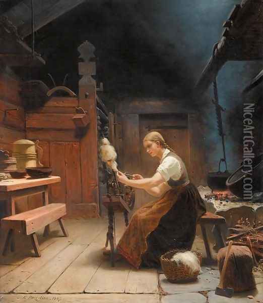 Woman Spinning Wool (Kvinne ved rokken i bondeinteriør) Oil Painting - Knud Bergslien