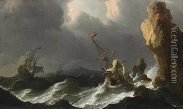 Hollandische Schiffe Im Sturm Vor Einer Felskuste Oil Painting - Aernout Smit