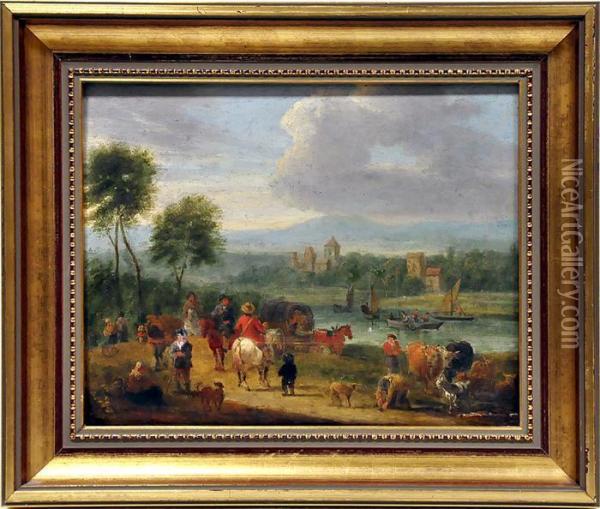 Bauern Mit Tieren An Einem Flusslauf Oil Painting - Theobald Michau