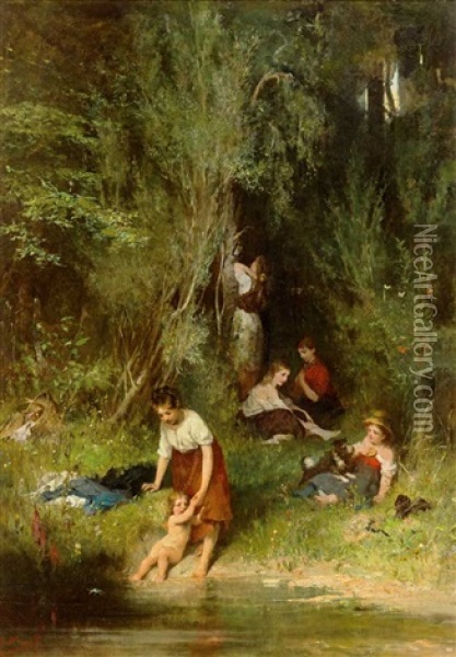 Mutter Mit Ihren Kindern Am Lauschigen Waldteich An Einem Sommertag Oil Painting - Wilhelm Marc