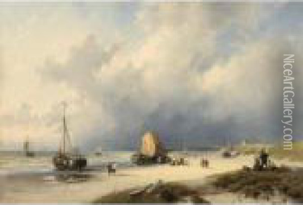 Bomschuiten And Fisherfolk On The Beach Oil Painting - Charles Henri Leickert