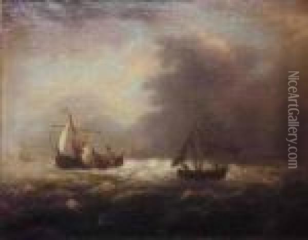 Follower Of Ludolph Backhuysen Shipping At Sea With A Stiff Breeze Oil Painting - Ludolf Backhuysen
