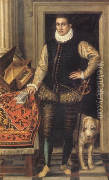 Portrait Of A Gentleman With His Dog Standing Next To A Carpet Draped Table With A Virginals And Book Of Sheet Music Oil Painting - Domenico (del Riccio) Brusasorci
