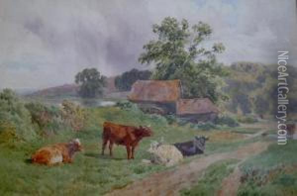 Cows At Rest In A Landscape Oil Painting - Charles Collins