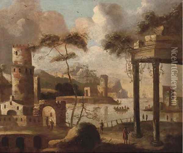 A capriccio of a Mediterranean harbour with shipping Oil Painting - Thomas Wyck