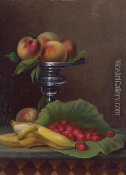 Still Life With Strawberries, Peaches And Bananas Oil Painting - Arnoud Wydeveld