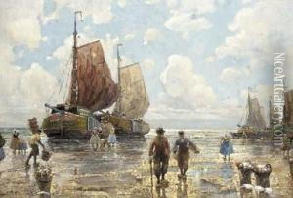 Dutch Fisherfolk Unloading The Catch Oil Painting - F.M. Richter-Reich