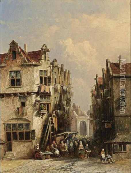 A Busy Street In A Dutch Town Oil Painting - Pieter Gerard Vertin