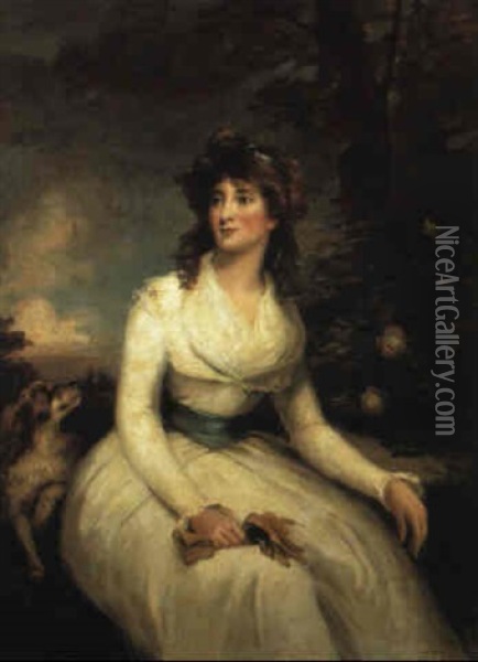 Portrait Of A Lady Wearing A White Dress Beside A Spaniel Oil Painting - John Russell