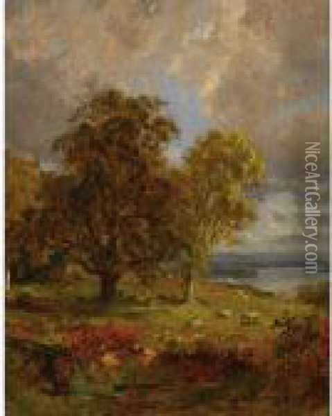 Landscape With Trees And Sheep Near A Copse Oil Painting - Jasper Francis Cropsey
