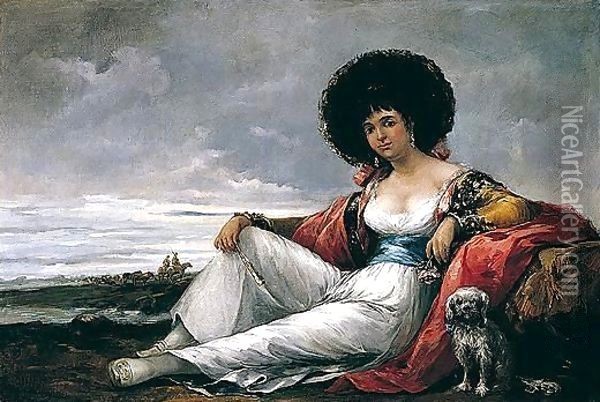 La Maja Del Perrito ('Maja' With A Small Dog) Oil Painting - Eugenio Lucas Velazquez