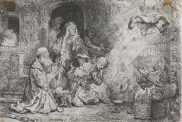 The Angel Departing From The Family Oftobias Oil Painting - Rembrandt Van Rijn