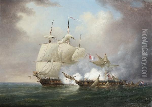 H.m.s. 'iris' Dismasted By The French Frigate 'citoyenne-francaise', 13th. May Oil Painting - Thomas Luny