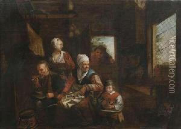 Peasant Family In A Kitchen. Oil Painting - David The Younger Ryckaert