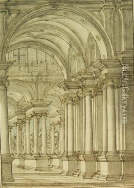 Architectural Study Oil Painting - Carlo Galli Bibiena