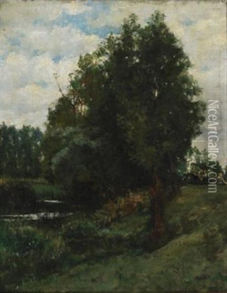 Cows And Figure Resting By The River Oil Painting - Kenyon Cox