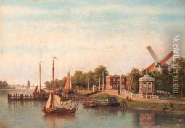 Sailing Boats On The Amstel, Amsterdam, With The Stadhouderskadebeyond Oil Painting - Johannes Hilverdink