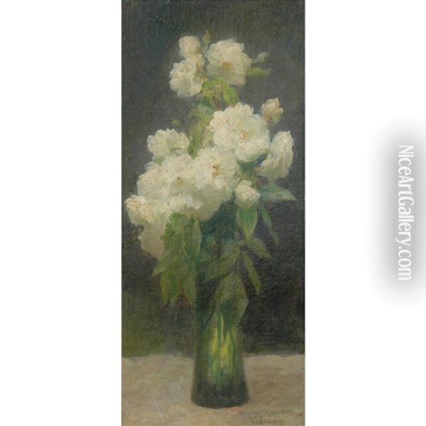 Still Life Of White Roses In A Green Vase Oil Painting - Achille Theodore Cesbron