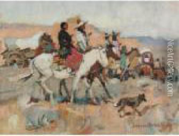 Indian Wagon Train Oil Painting - Laverne Nelson Black