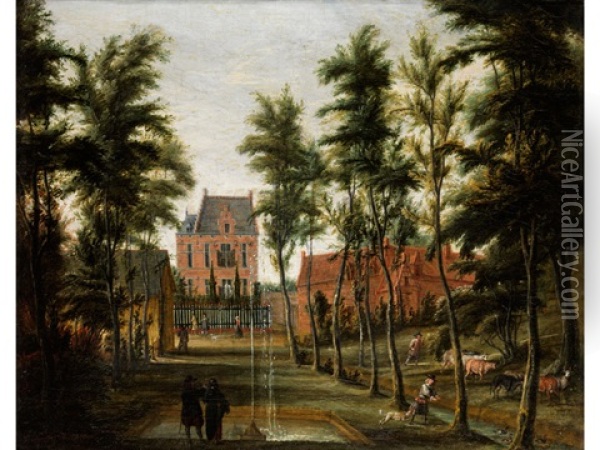 Parkanlage Mit Springbrunnen Vor Einem Schlossgebaude Oil Painting - Theodore van Heil