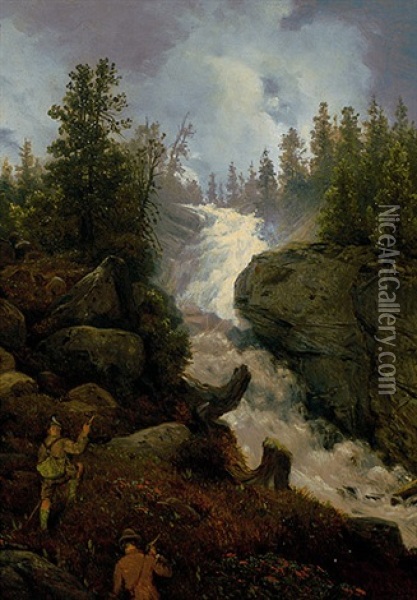 Wildbach Im Morgendlichen Licht, Seitlich 2 Bergsteiger Oil Painting - Johann Novopacky