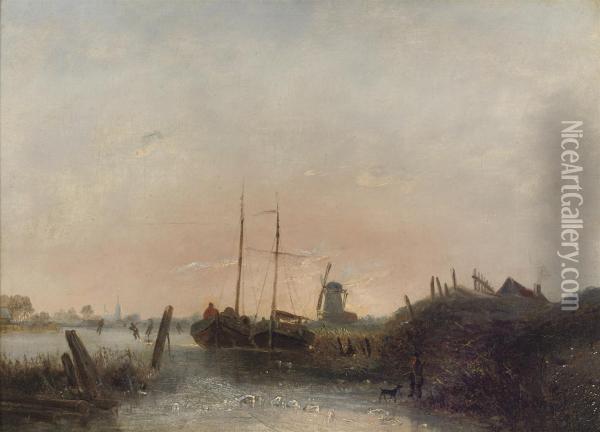 Moored Boats On A Frozen River Oil Painting - Egidius Linnig