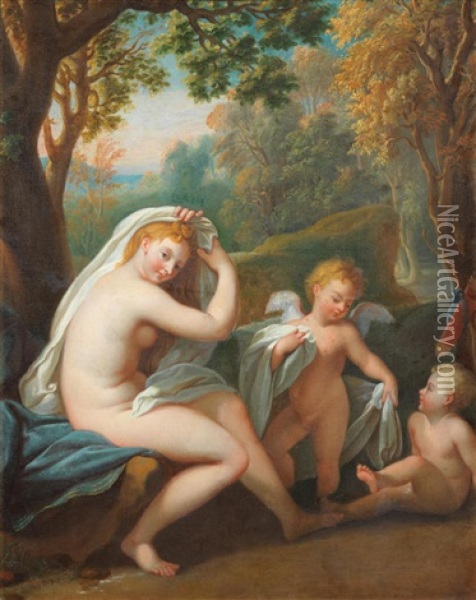 Venus And Cupid In A Landscape Oil Painting - Nicolas Fouche