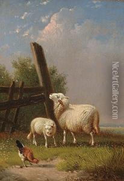 Ewes And A Lamb; Sheep And A Chicken Oil Painting - Joseph Van Dieghem
