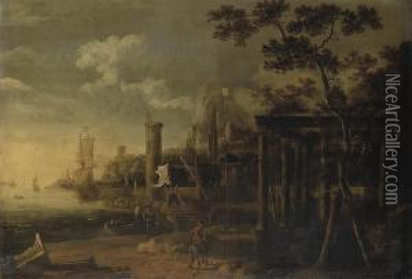 A Capriccio Of A Harbour Oil Painting - Adriaen Van Diest