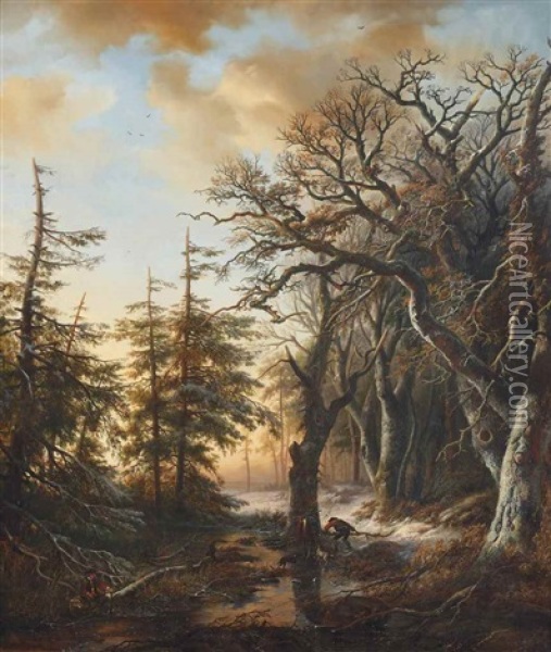 Two Hunters Along A Frozen Stream In A Forest Oil Painting - Willem Bodemann