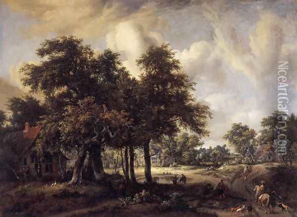 Wooded Landscape with Cottages Oil Painting - Meindert Hobbema