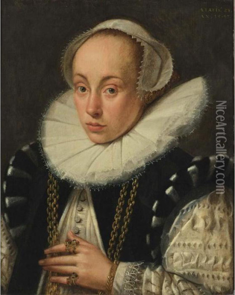 A Portrait Of A Lady, Aged 28, 
Bust Length, Wearing A Black And White Dress With A Lace Collar, A White
 Headdress, Gold Necklace And Jewellery Oil Painting - Gortzius Geldorp