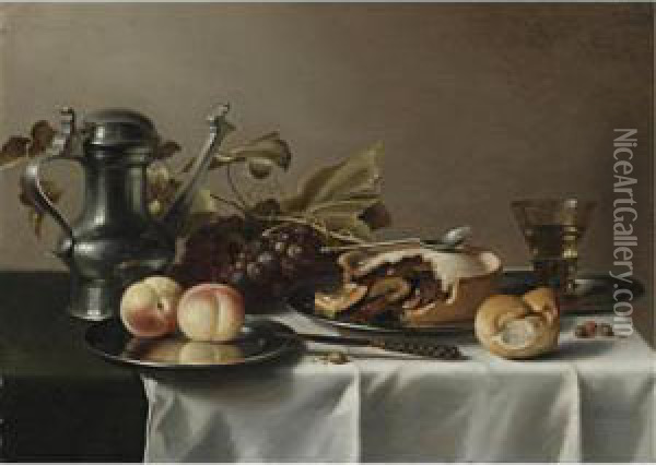 Still Life Of Grapes, A Pie, 
Peaches, A Pewter Ewer, A Roemer, Hazelnuts, A Bread Roll, A Knife And 
Other Objects, All On A Draped Table Oil Painting - Pieter Claesz.