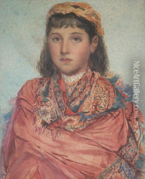 Girl In A Patterned Shawl Oil Painting - John Frederick Lewis