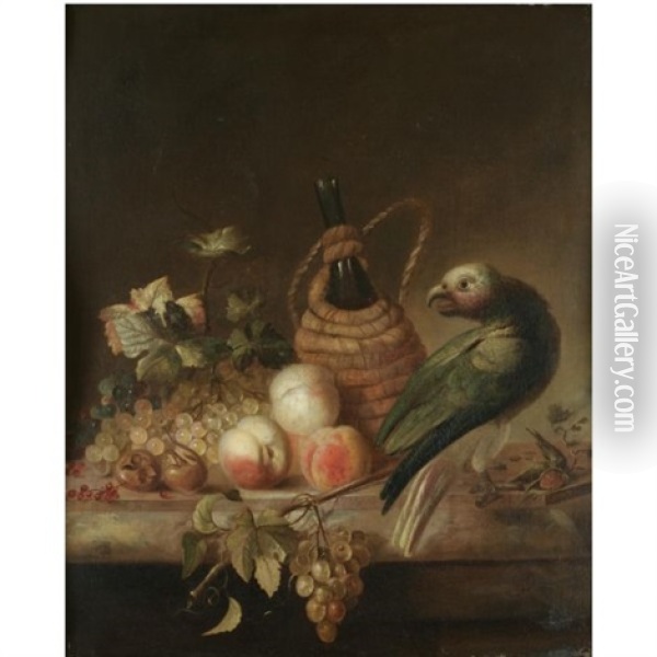 A Still Life With A Parrot, Together With A Flagon Of Wine, A Bunch Of Grapes, Peaches And Redcurrants On A Marble Ledge Oil Painting - Barend van der Meer