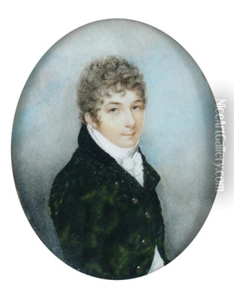 A Portrait Miniature Of A Gentleman, He Wears A Green Coat With Brass Buttons And Black Velvet Collar And White Tied Stock Oil Painting - Andrew Plimer