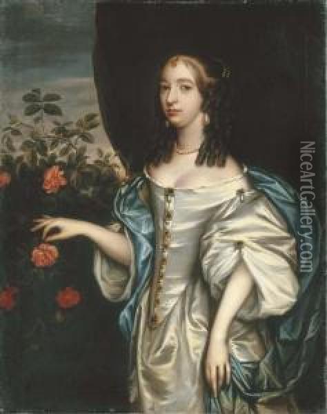 Portrait Of Lady, Three-quarter 
Length, In A Grey Satin Dress Andpearl Jewels, Beside A Rose Bush Oil Painting - Jan Mytens