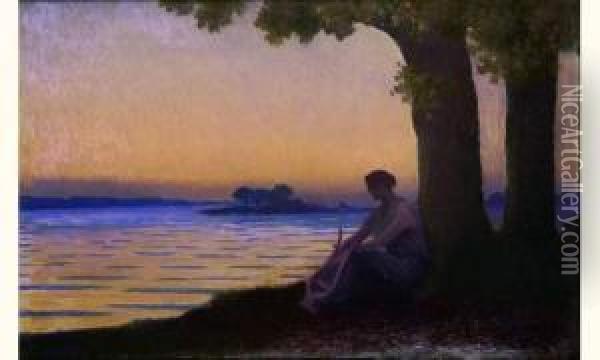 Jeune Femme A La Lyre Au Soleil Couchant Oil Painting - Alphonse Osbert