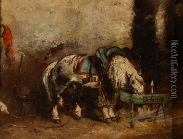 Draw Horse At The Feeding Trough Oil Painting - Alexandre Gabriel Decamps