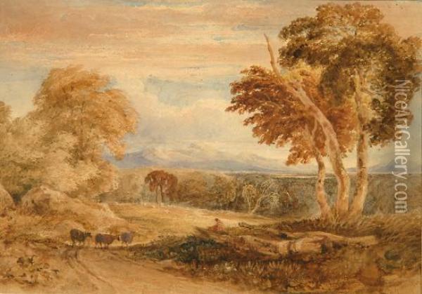 Cattle And Figure On A Path With Mountains In The Distance Oil Painting - Anthony Vandyke Copley Fielding