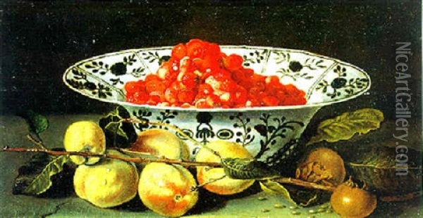 Pfirsische Und Granatapfel Mit Einer Schale Gefullt Mit Erdbeeren Oil Painting - Jacques Linard