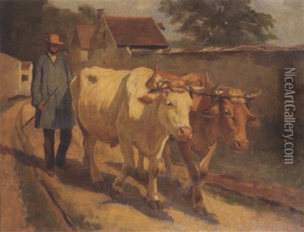 A Farmer With His Cattle Oil Painting - Gaylord Sangston Truesdell