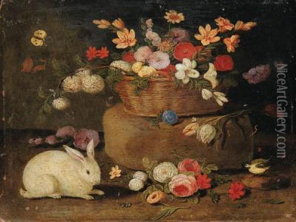 Roses, Dahlias, Paeonies, Tulips
 And Other Flowers In A Basket On Astone Seat, With A White Rabbit, A 
Great Tit And A Butterfly Oil Painting - Jan van Kessel